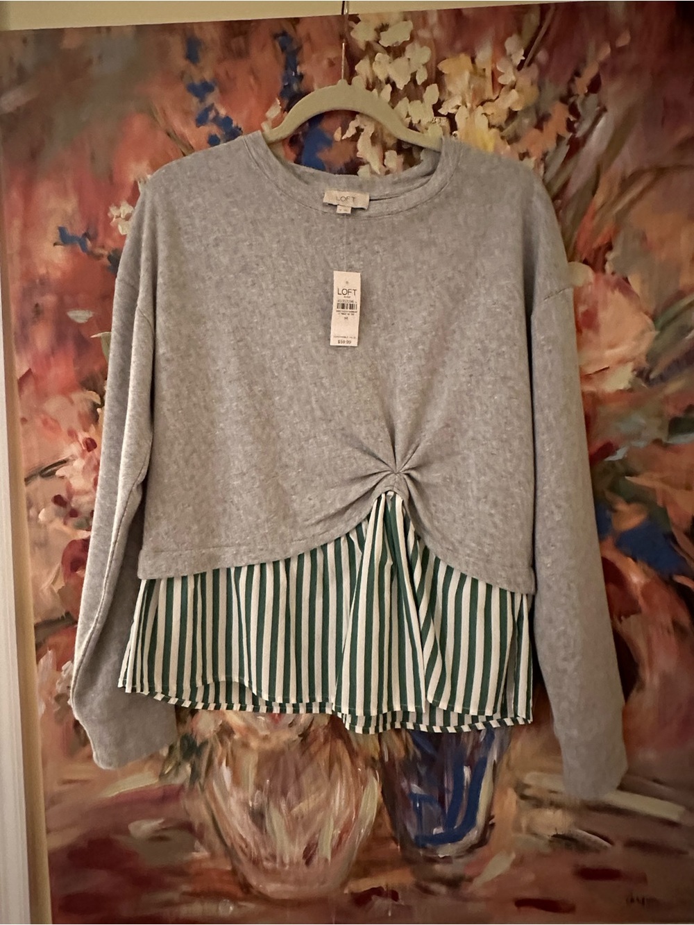 LOFT Gray Knit Pullover with Green Stripe Hem